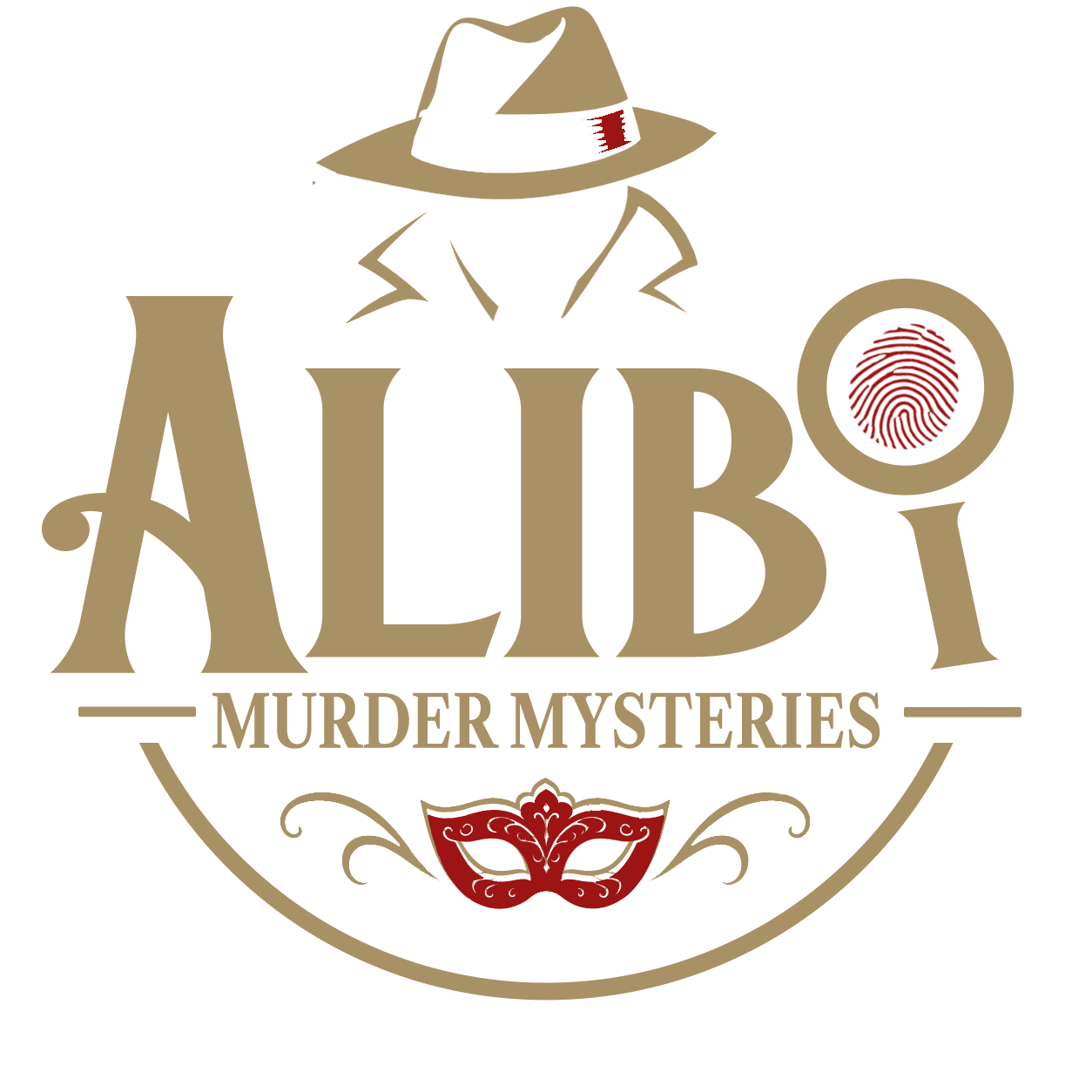 Alibi Murder Mysteries logo: a detective in a fedora above the word Alibi, with a red masquerade mask below